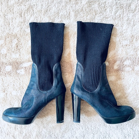 Hogan Platform High Heel Leather Sock Boot In Blue And Black Metallic Size 38 - Picture 6 of 16
